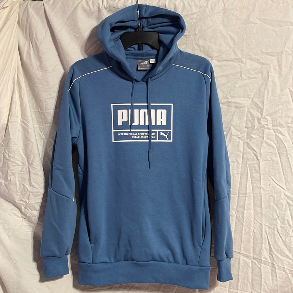 New Puma Hooded Sweatshirt Blue Mens Small Pockets S Logo Hood Unify Nwt Hoodie